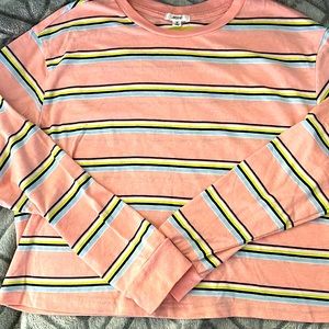 Ardene size medium pink with blue green black & white strips long sleeve t-shirt